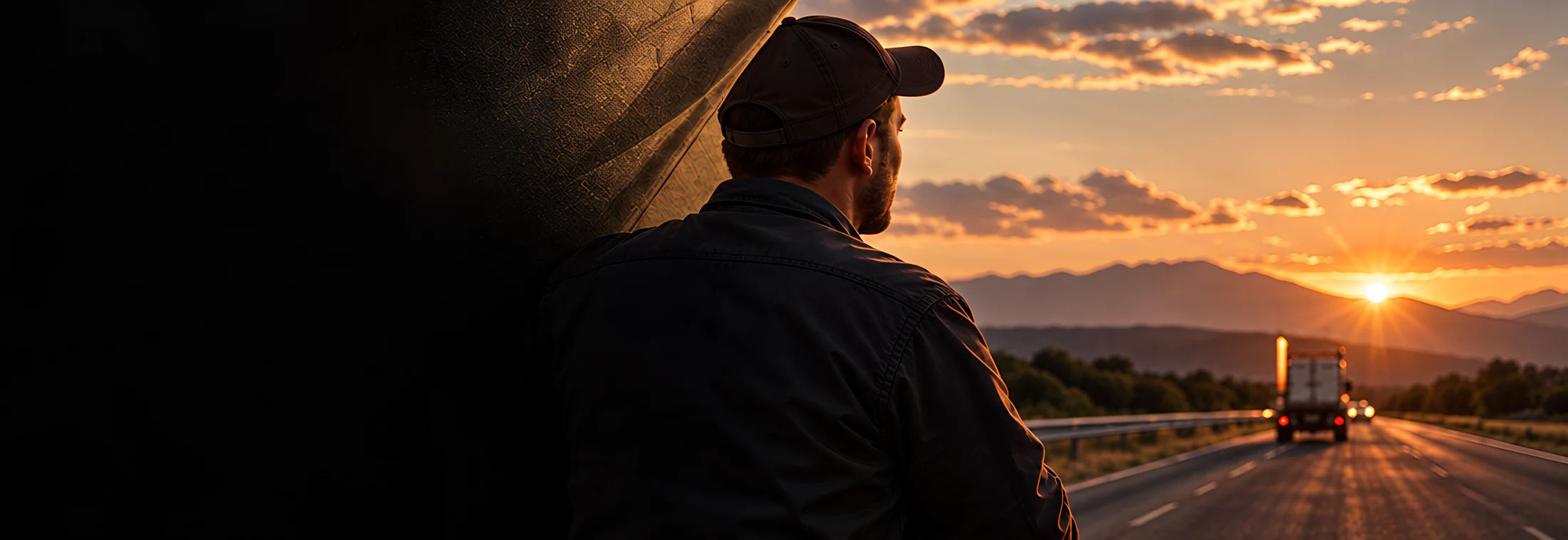 Conductor de camión observando la carretera colombiana al atardecer